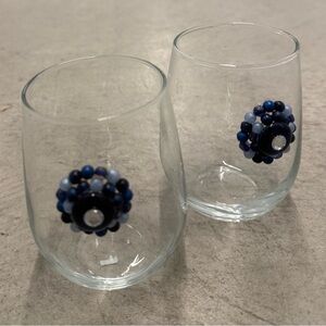 Set of 2 Stemless Wine Glasses with Blue Bead Embelishment